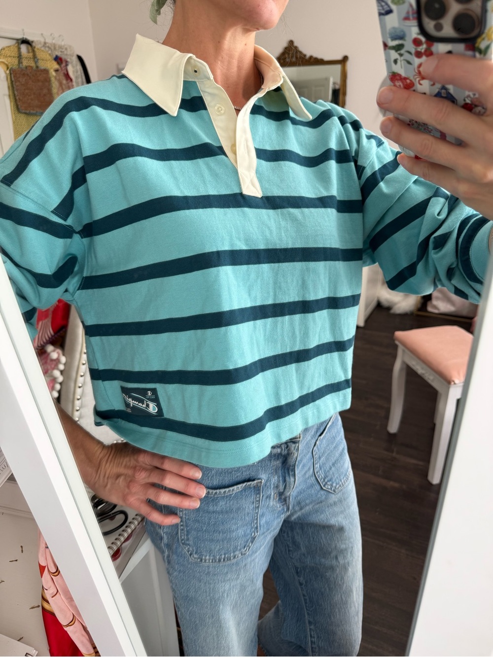 Champion Cropped Rugby Shirt Blue Striped Oversized Preppy Top